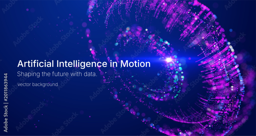 Fototapeta premium Futuristic artificial intelligence data wave visualization with glowing particles and neural network structure. Abstract digital background for analytics, big data and technology concepts. 