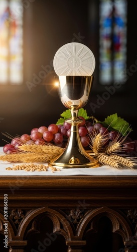 Sacred Eucharist worship: Corpus Christi, religious ritual, Christ body, holy communion, sacred feast, blessed sacrament, golden chalice, unleavened wafer, wheat ear, red grape, spiritual celebration.
