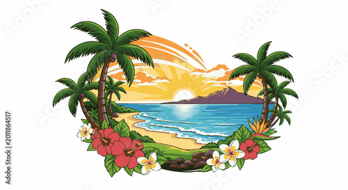 Pixel art tropical beach scene with palm trees, flowers, and a vibrant sunset over the ocean