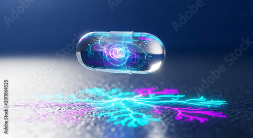 Transparent capsule with glowing blue and pink energy patterns floating above textured surface pill clear