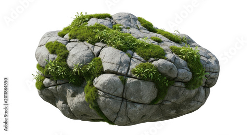 Large natural rock covered with green moss patches, isolated on transparent