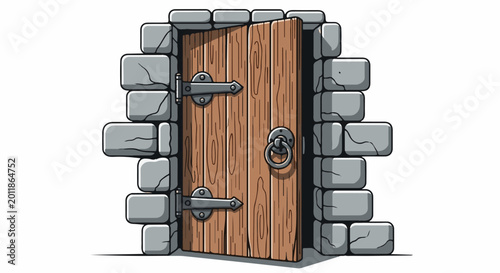Pixel art castle door, open, made of wood and stone, with hinges