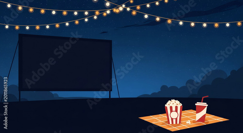 Outdoor movie setup with popcorn and drink under string lights  
