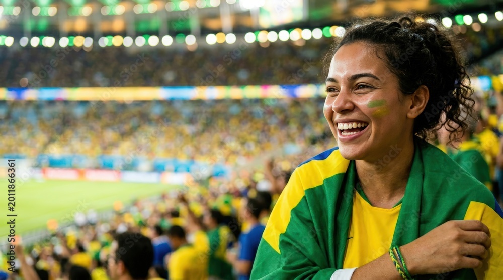 Naklejka premium Joyful female football fan celebrating at stadium