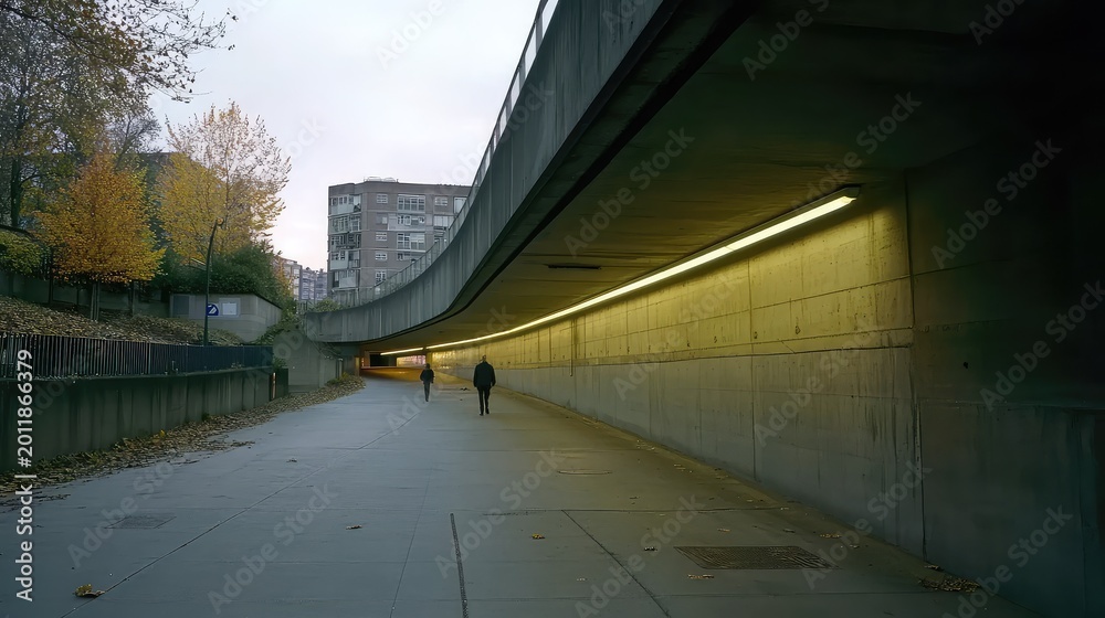 Fototapeta premium Two pedestrians walk a concrete pathway beneath an illuminated overpass, autumn trees and city lights framing a modern urban underpass with curving architecture and long shadows