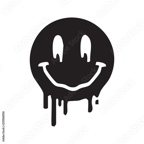 Melting Smiley Face Icon with Drip Effect, Black and White Psychedelic Street Art Graphic Vector