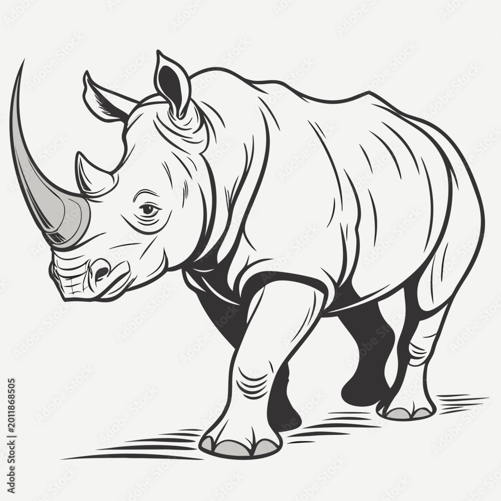 Fototapeta premium Rhino walking illustration outline with black and white line art animal print