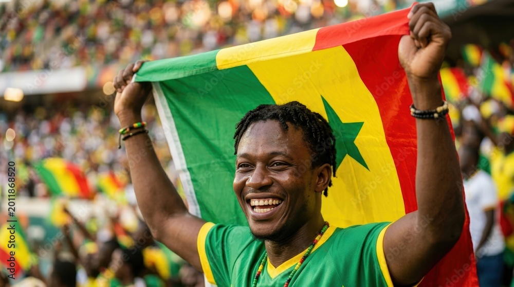 Fototapeta premium Senegal football supporter celebrating with national flag in stadium