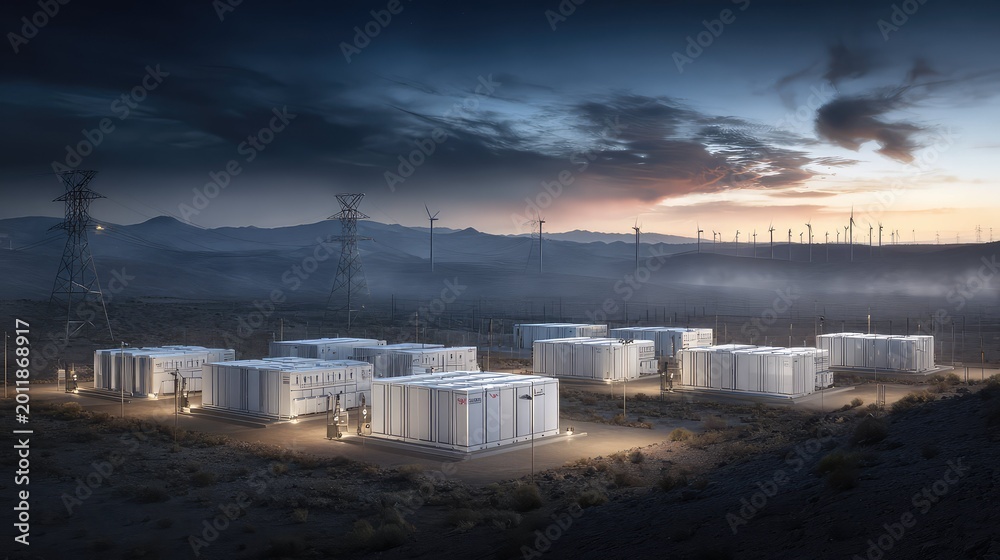 Fototapeta premium Large scale battery energy storage installation in a desert at twilight, illuminated container units beside transmission lines and distant wind turbines powering a sustainable grid solution