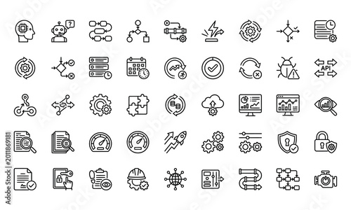 AI Agents & Workflow Automation Line Icons Set – System, Process, Integration & Task UI Icons