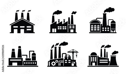 Industrial Factory Icons, Manufacturing Plant Silhouettes, Production Facility Vector Graphics, Set of 6 Black and White Building Symbols