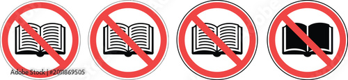 Foto Books prohibition icon set, ban symbol over books representing restricted reading literature censorship warning and content limitation in modern flat vector design