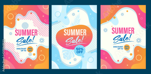 Summer sale promotion cards with abstract shapes colors discount information retail therapy. Summer fashion promotion abstract discount information percentage marketing advertisement