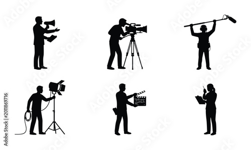 Filmmaking Crew Silhouettes: Cinematographer, Sound Recordist, Director, Lighting Technician, Video Operator, 6 Vector Icons for Media Production
