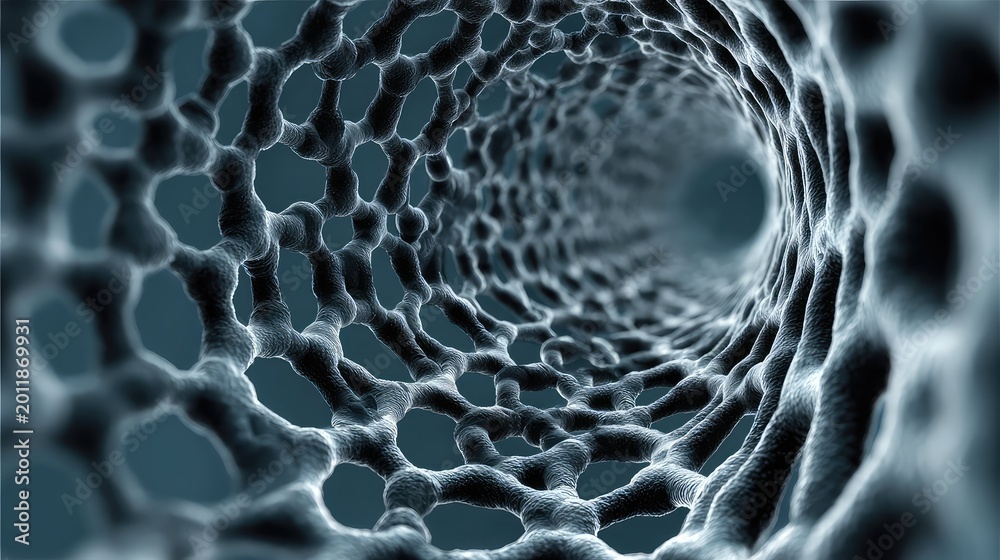 Fototapeta premium Carbon nanotube lattice forming a molecular tunnel, close up of graphene like hexagonal structure symbolizing advanced nanotechnology, materials science and microscopic research