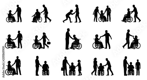 Photos Black silhouettes illustrating various acts of assistance and support for individuals in wheelchairs