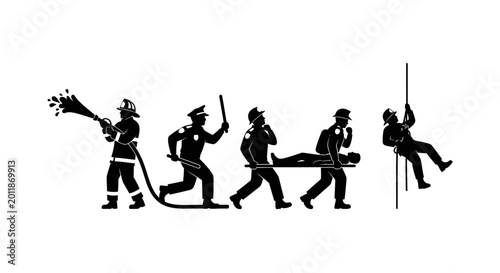 Photos Silhouettes of various emergency and rescue service workers including firefighter, police, paramedics, and rescuer