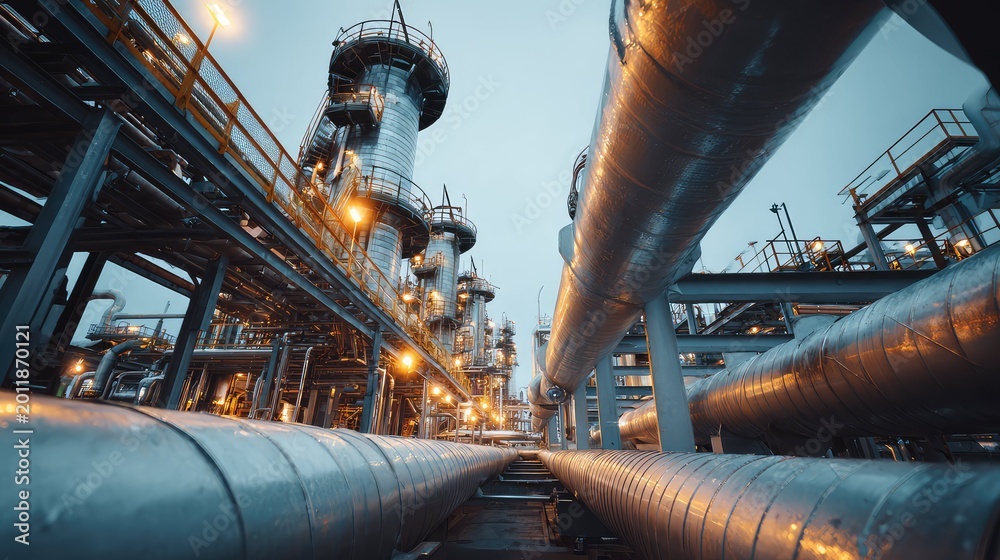 Fototapeta premium Industrial pipelines connecting various units in a chemical or petroleum refinery plant, depicting the intricate network for energy production and raw material processing