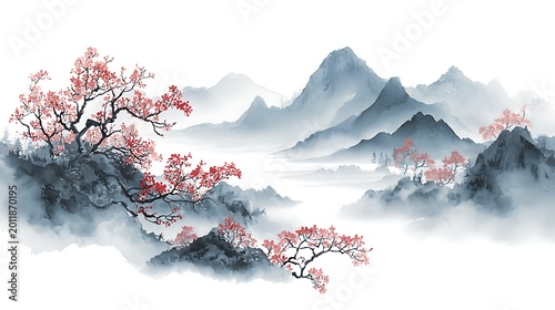 Traditional chinese ink wash painting featuring pink cherry blossoms and misty blue mountains