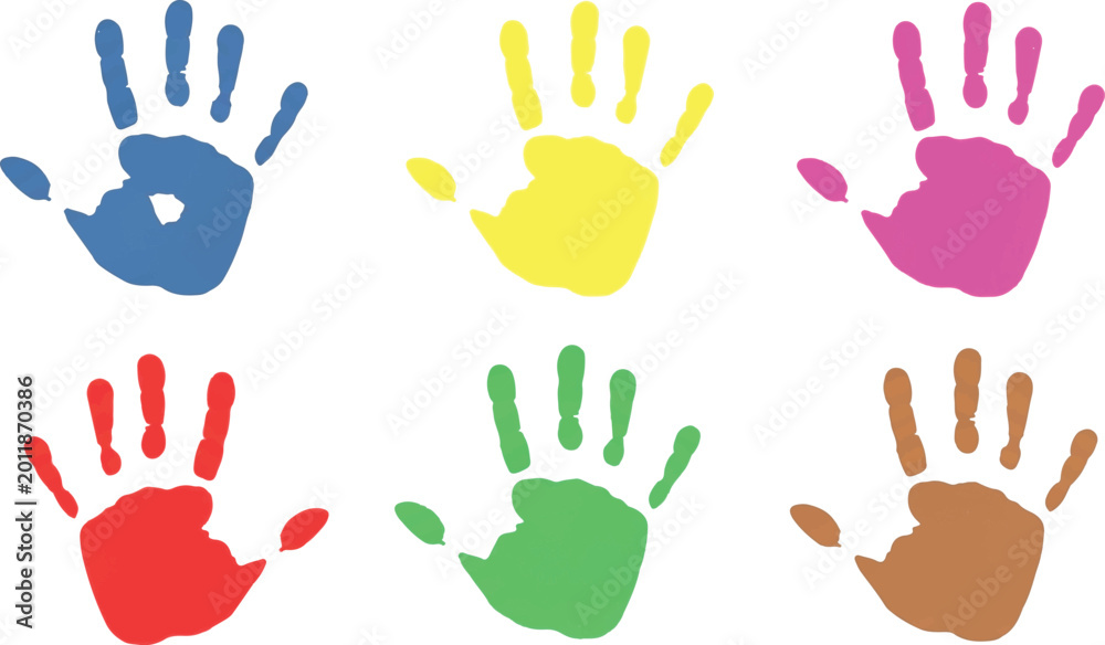 Fototapeta premium Set of six colorful messy children handprints finger paint stamp impressions preschool art concept vector illustration.