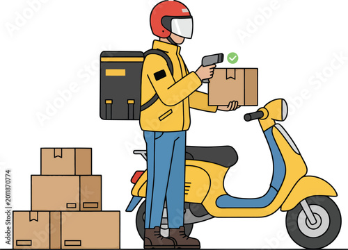 Delivery man with parcels and scooter, courier services, logistics and transportation