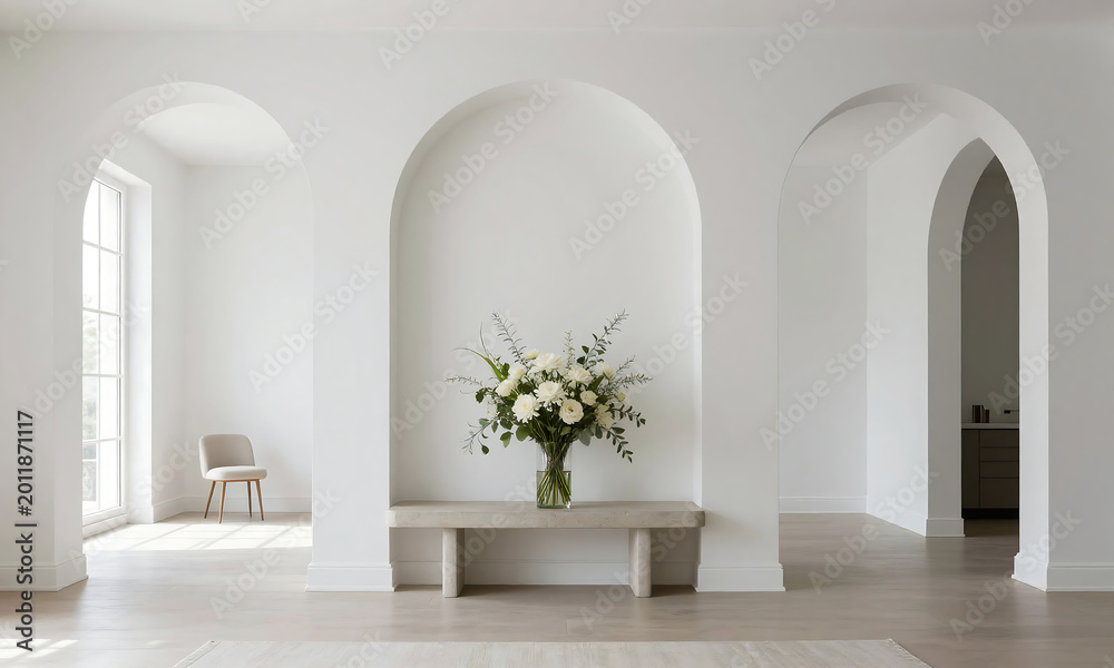 Fototapeta premium wide shot sleek minimalist living room featuring crisp white arched doorways soft natural light lush floral arrangement