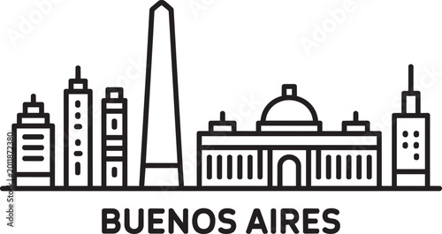 Fotografi Buenos Aires skyline with iconic buildings in outline style obelisk on white bac