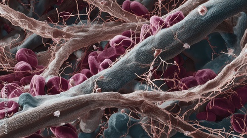 Blood cells red corpuscles and platelets trapped in an intricate fibrin fiber network, forming a microscopic blood clot essential for coagulation and wound healing