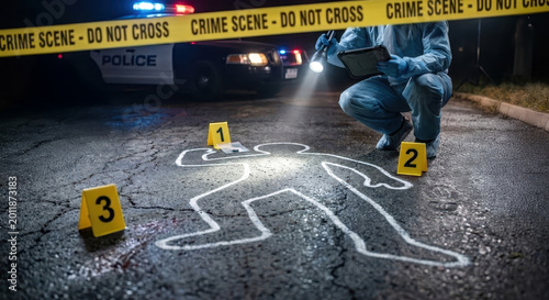 Crime scene investigation with forensic investigator and chalk body outline under police car lights at night.