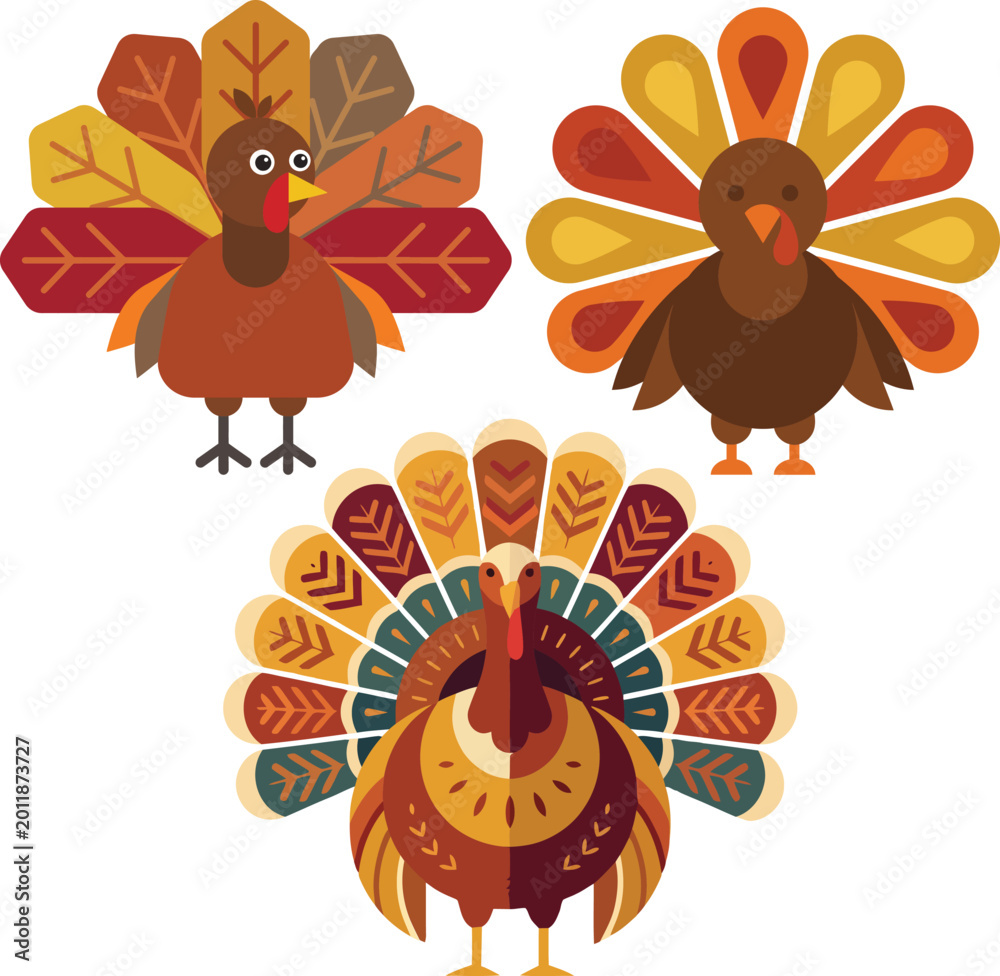 Naklejka premium Three stylized turkey illustrations with colorful plumage on white background