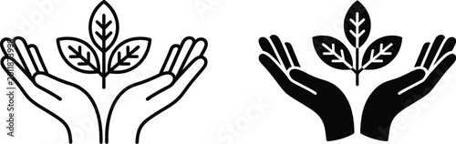 Cuadro en lienzo Plant in hands icon set, minimalist vector illustrations featuring hands holding seedlings for ecology growth protection and environmental care symbolism