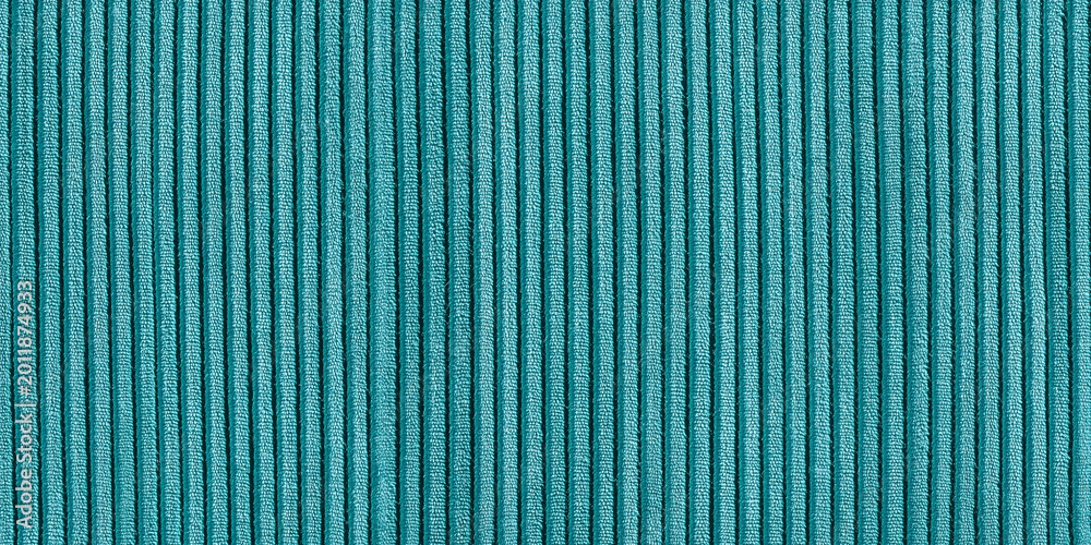 Fototapeta premium Modern turquoise aquamarine corduroy sofa fabric texture background banner panorama