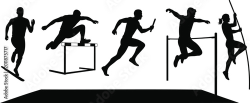 Foto Athletic track and field vector silhouette illustration of runners hurdlers and jumpers