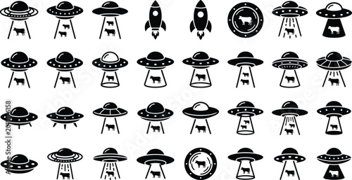 Foto UFO and Alien Spaceship Icon Set with Flying Saucer and Rocket Silhouette Vector