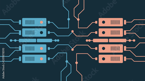 Digital infrastructure servers connected in network on dark background