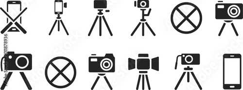 Obraz na plátně Selfie stick icon set, clean line art icons of selfie monopod and tripod stands for smartphone photography and digital content production applications