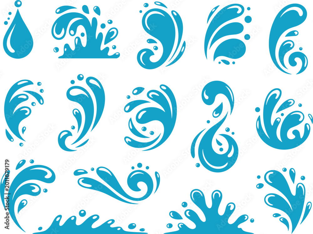Fototapeta premium Set of blue water splash elements and droplets isolated on light background for liquid, wave, and fluid design
