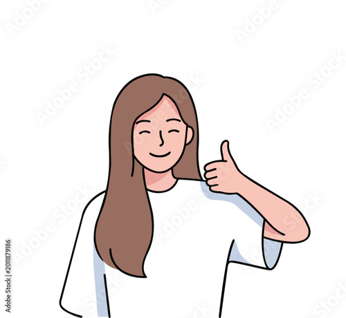 Relaxed young woman giving thumbs up positive feedback flat vector illustration