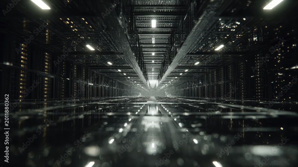 Fototapeta premium Futuristic data center corridor lined with glossy server racks, glowing led lights and reflective floor conveying depth, advanced network infrastructure and secure cloud computing