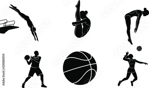 Tableau sur toile Diving gymnastic and volleyball player vector silhouette illustration and line art set