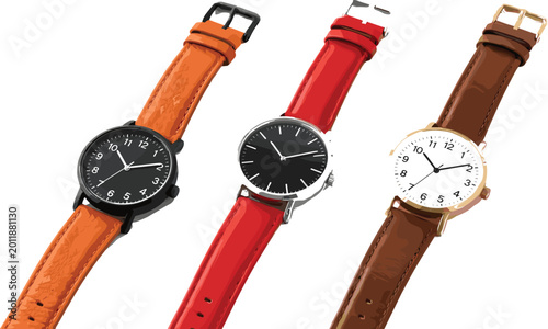 Photos Modern Leather Strap Wristwatch Vector Illustration Set Featuring Black, Red, an