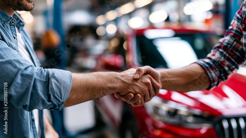 Hands of happy car owner discussing vehicle repair with mechanic beside bright red car trust and positive customer experience in well lit contemporary automotive workshop