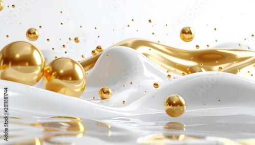 Gold spheres on smooth, white wavy surfaces, creating an abstract scene