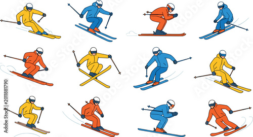 Slika na platnu Comprehensive Alpine Skiing Action Set Featuring Male and Female Skiers in Color