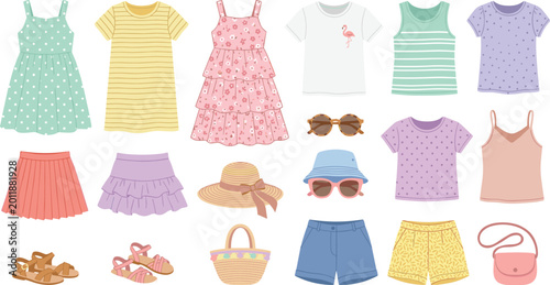 Tableau sur toile Set of cute hand drawn girls summer clothing and accessories icons isolated on w