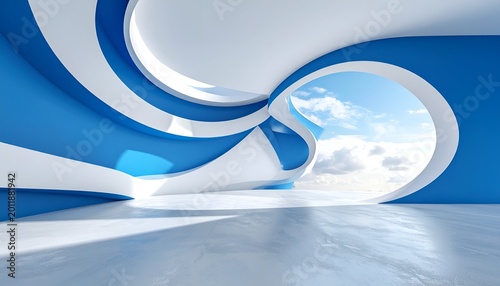Abstract blue & white building interior, sky visible through a curved opening