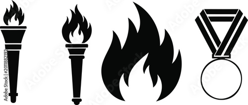 Konstfotografi Olympic torch fire flame and winning gold medal vector silhouette illustration line art