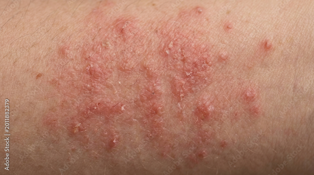 Fototapeta premium Close-up skin with red pimple marks and inflamed rash on neutral background with copy space Pimple Marks