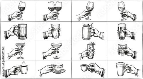 Foto Hand Holding Drinks Illustration Set with Wine Beer Cocktail Coffee and Beverage
