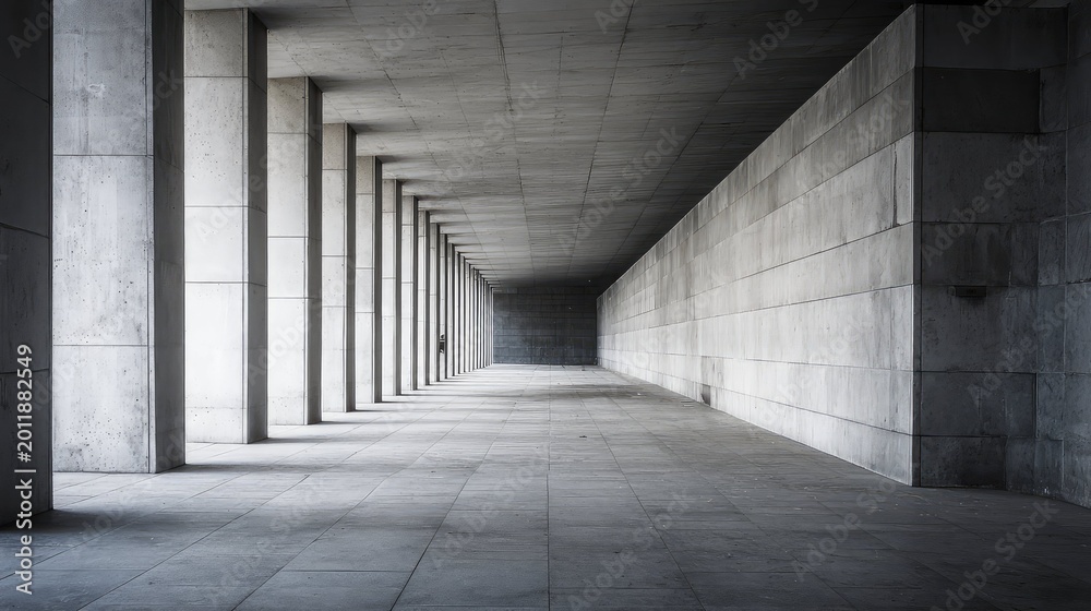 Fototapeta premium Concrete tunnel with repeating structural columns and stark light creating geometric shadows, a minimalist brutalist passageway receding with strong perspective and clean symmetry